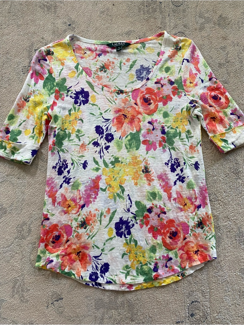 Lauren Ralph Lauren 100% Linen Floral T-Shirt Cuffed Short Sleeve Fitted Medium